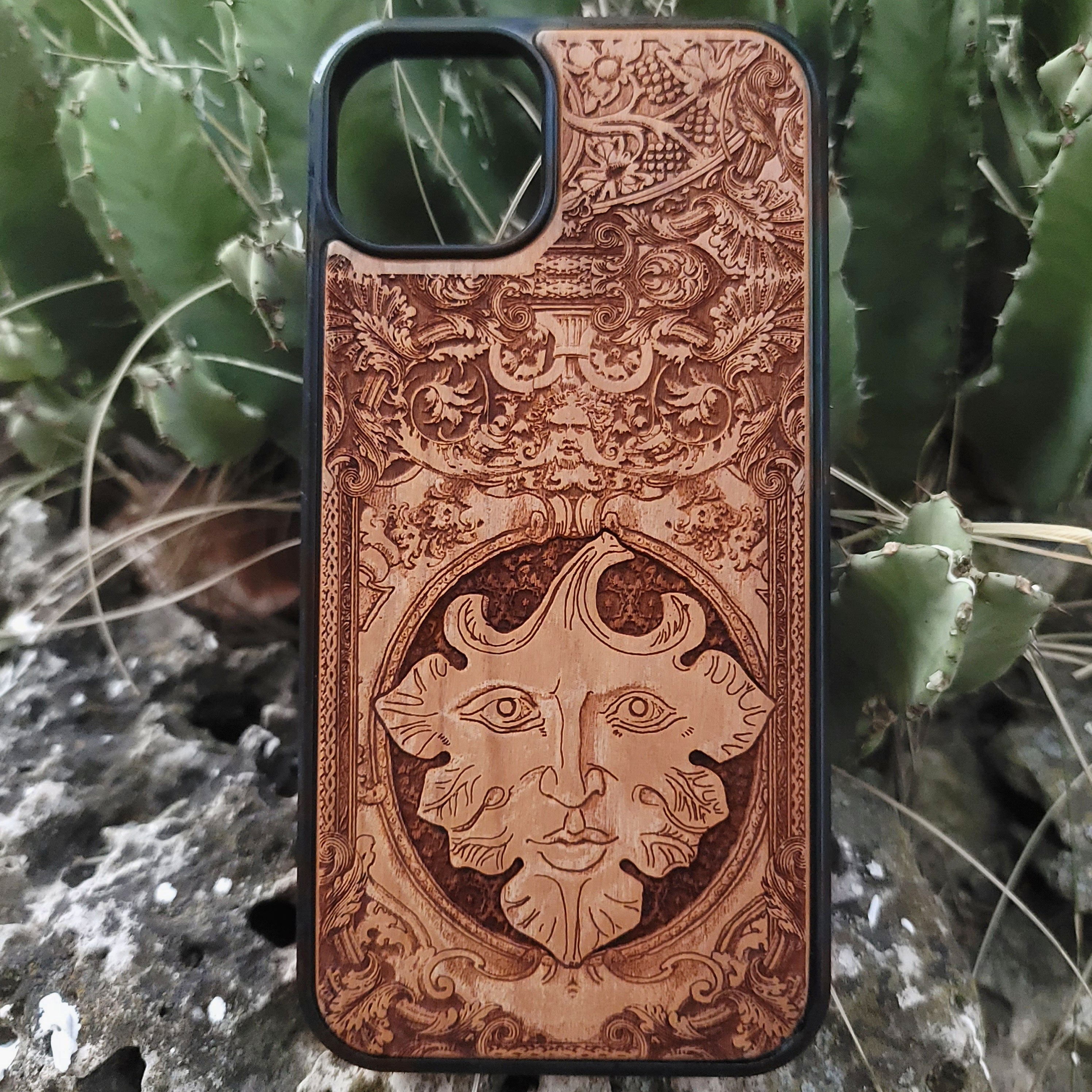 The Green Man wood phone case with engraved pagan folklore design for iPhone 16, iPhone 15, iPhone 14, Galaxy S25, Galaxy S24