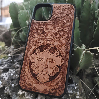 The Green Man wood phone case with engraved pagan folklore design for iPhone 16, iPhone 15, iPhone 14, Galaxy S25, Galaxy S24