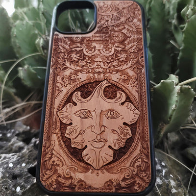 The Green Man wood phone case with engraved pagan folklore design for iPhone , iPhone 15, iPhone 14, Galaxy S, Galaxy S24