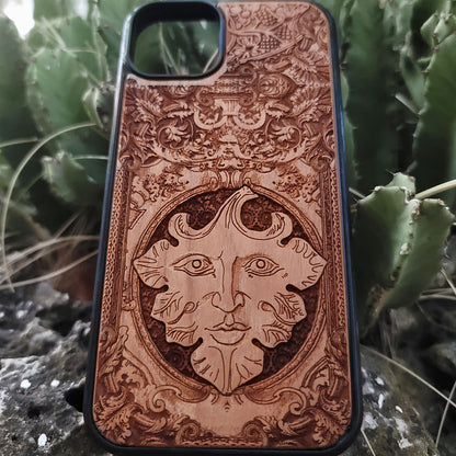 The Green Man wood phone case with engraved pagan folklore design for iPhone 16, iPhone 15, iPhone 14, Galaxy S25, Galaxy S24