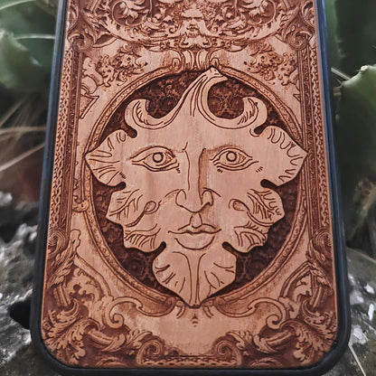 The Green Man wood phone case with engraved pagan folklore design for iPhone 16, iPhone 15, iPhone 14, Galaxy S25, Galaxy S24