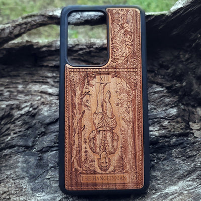 The Hanged Man Tarot Card wood phone case featuring mystical esoteric art for iPhone –11 and Galaxy S–S20