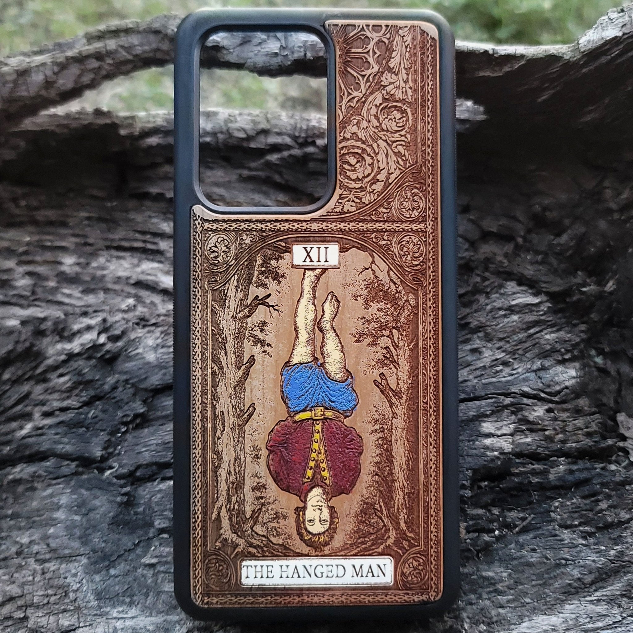 The Hanged Man tarot card wood phone case – hand-painted & engraved for iPhone , Galaxy S – esoteric spiritual design