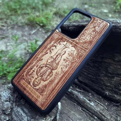 The Hanged Man Tarot Card wood phone case featuring mystical esoteric art for iPhone –11 and Galaxy S–S20