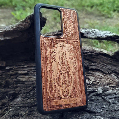 The Hanged Man Tarot Card wood phone case featuring mystical esoteric art for iPhone –11 and Galaxy S–S20