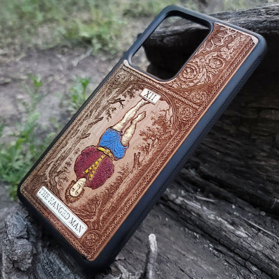 The Hanged Man tarot card wood phone case – hand-painted & engraved for iPhone , Galaxy S – esoteric spiritual design