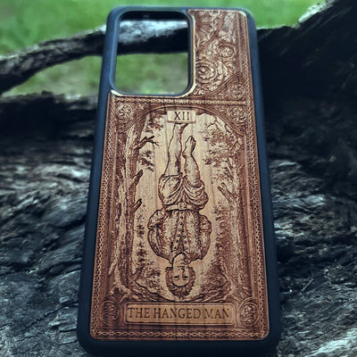 The Hanged Man Tarot Card wood phone case featuring mystical esoteric art for iPhone –11 and Galaxy S–S20