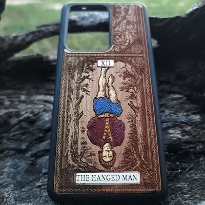 The Hanged Man tarot card wood phone case – hand-painted & engraved for iPhone , Galaxy S – esoteric spiritual design