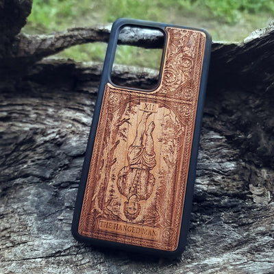 The Hanged Man Tarot Card wood phone case featuring mystical esoteric art for iPhone –11 and Galaxy S–S20