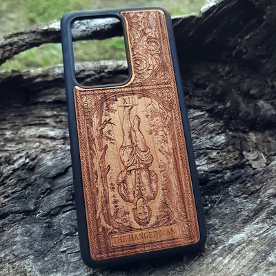 The Hanged Man Tarot Card wood phone case featuring mystical esoteric art for iPhone –11 and Galaxy S–S20