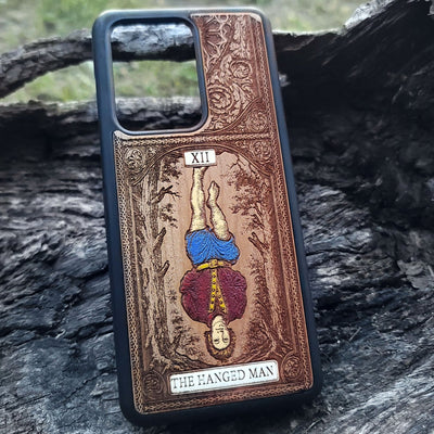 The Hanged Man tarot card wood phone case – hand-painted & engraved for iPhone , Galaxy S – esoteric spiritual design
