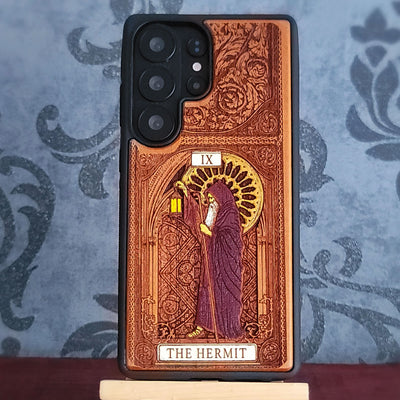The Hermit tarot card hand painted engraved wood phone case with lantern design