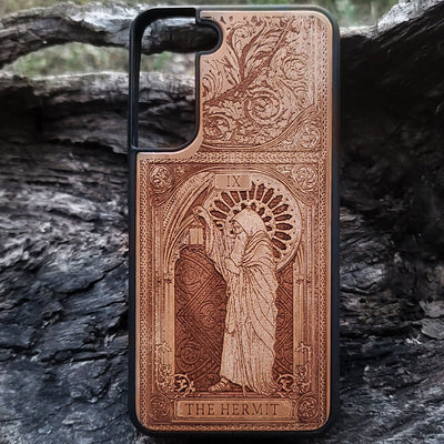 The Hermit tarot wood phone case – engraved for iPhone , Galaxy S – spiritual design for seekers of truth