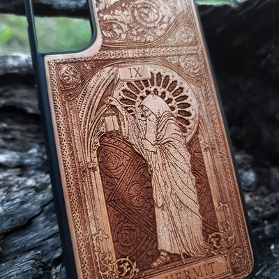 The Hermit tarot wood phone case – engraved for iPhone , Galaxy S – spiritual design for seekers of truth