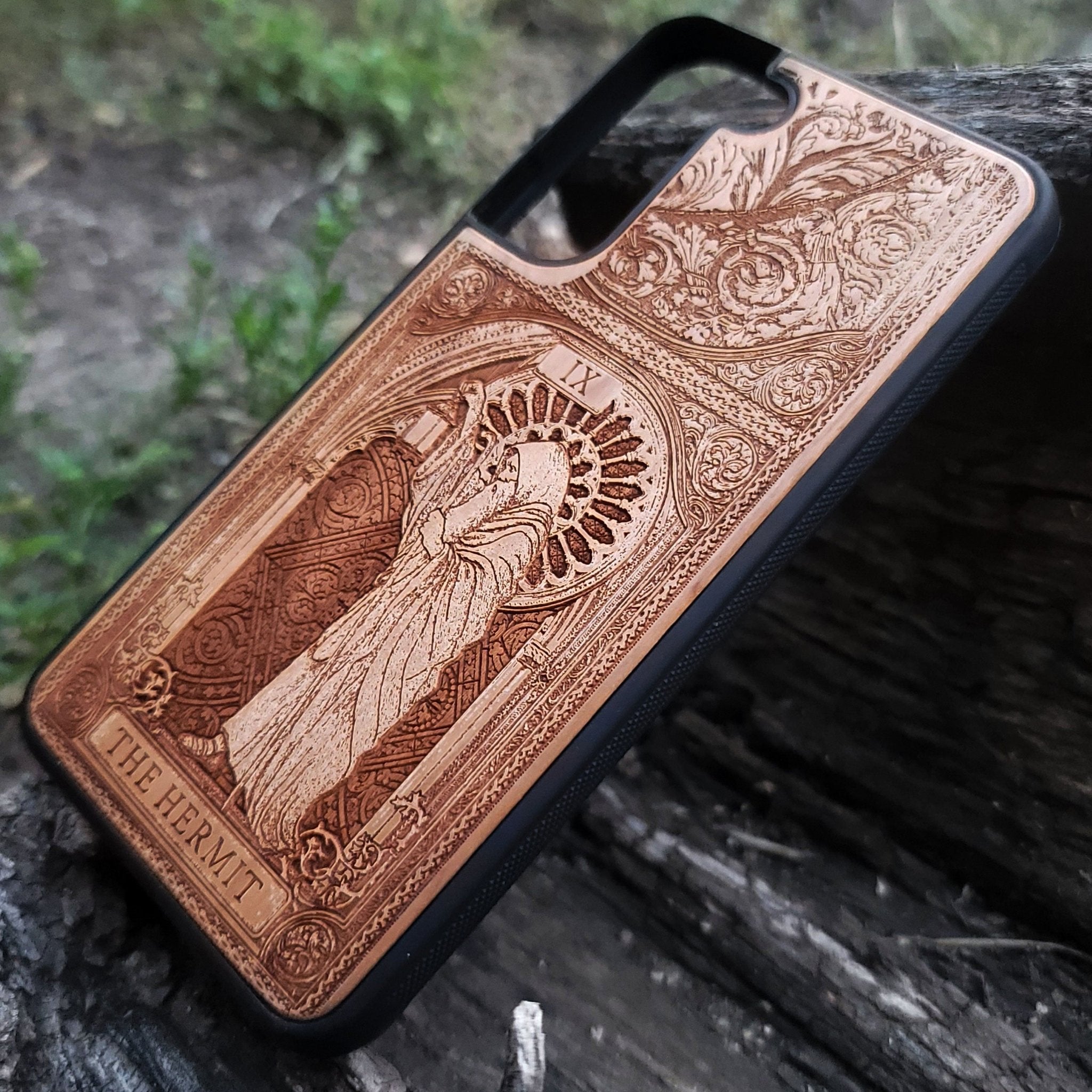 The Hermit tarot wood phone case – engraved for iPhone , Galaxy S – spiritual design for seekers of truth