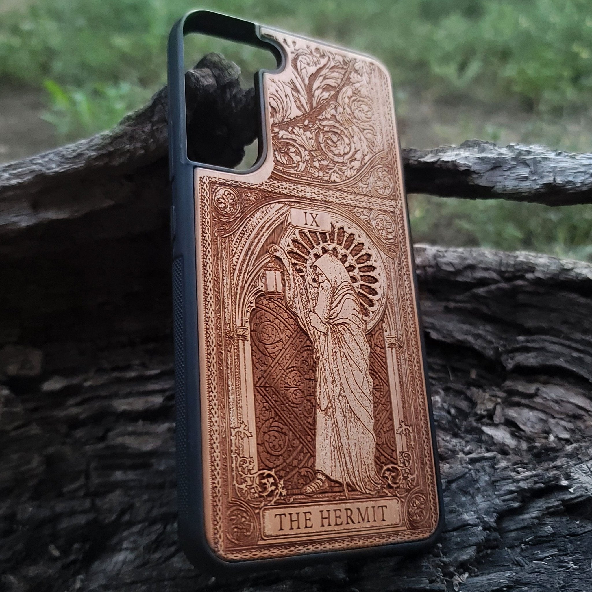 The Hermit tarot wood phone case – engraved for iPhone , Galaxy S – spiritual design for seekers of truth
