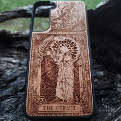 The Hermit tarot wood phone case – engraved for iPhone , Galaxy S – spiritual design for seekers of truth