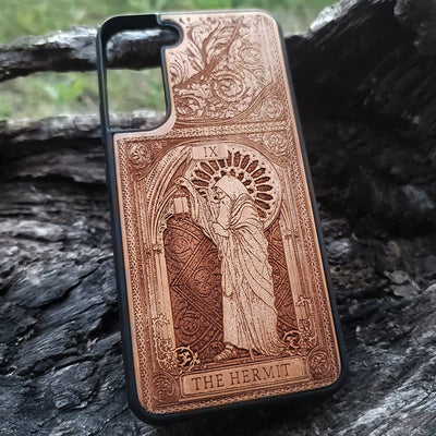 The Hermit tarot wood phone case – engraved for iPhone , Galaxy S – spiritual design for seekers of truth
