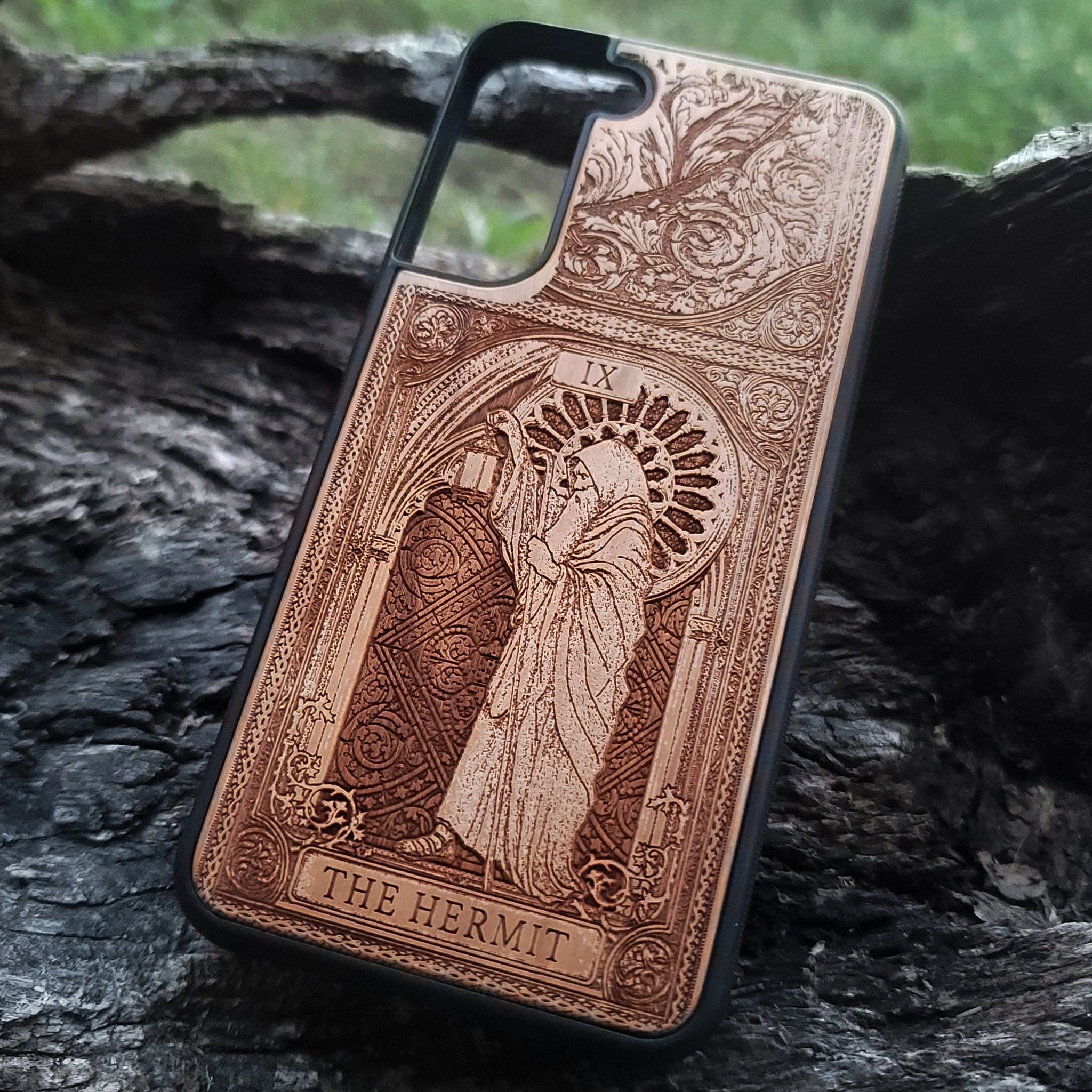 The Hermit tarot wood phone case – engraved for iPhone , Galaxy S – spiritual design for seekers of truth