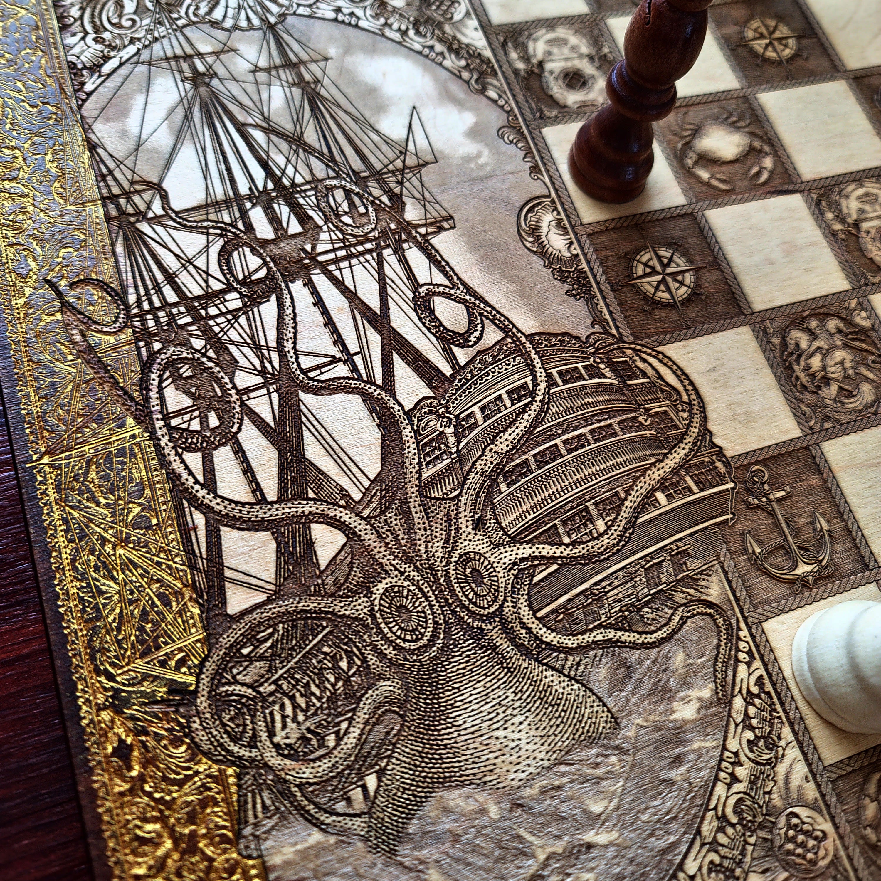 The Kraken vs Ship Chess Board Walnut Frame