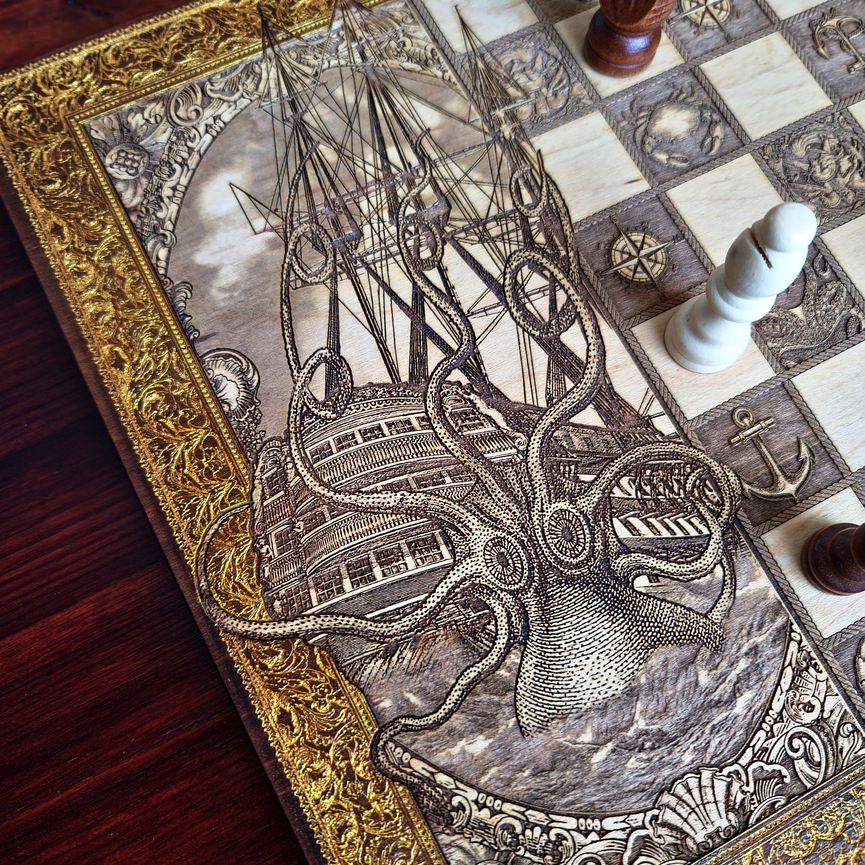 The Kraken vs Ship Chess Board Walnut Frame
