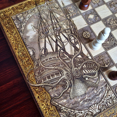 The Kraken vs Ship Chess Board Walnut Frame