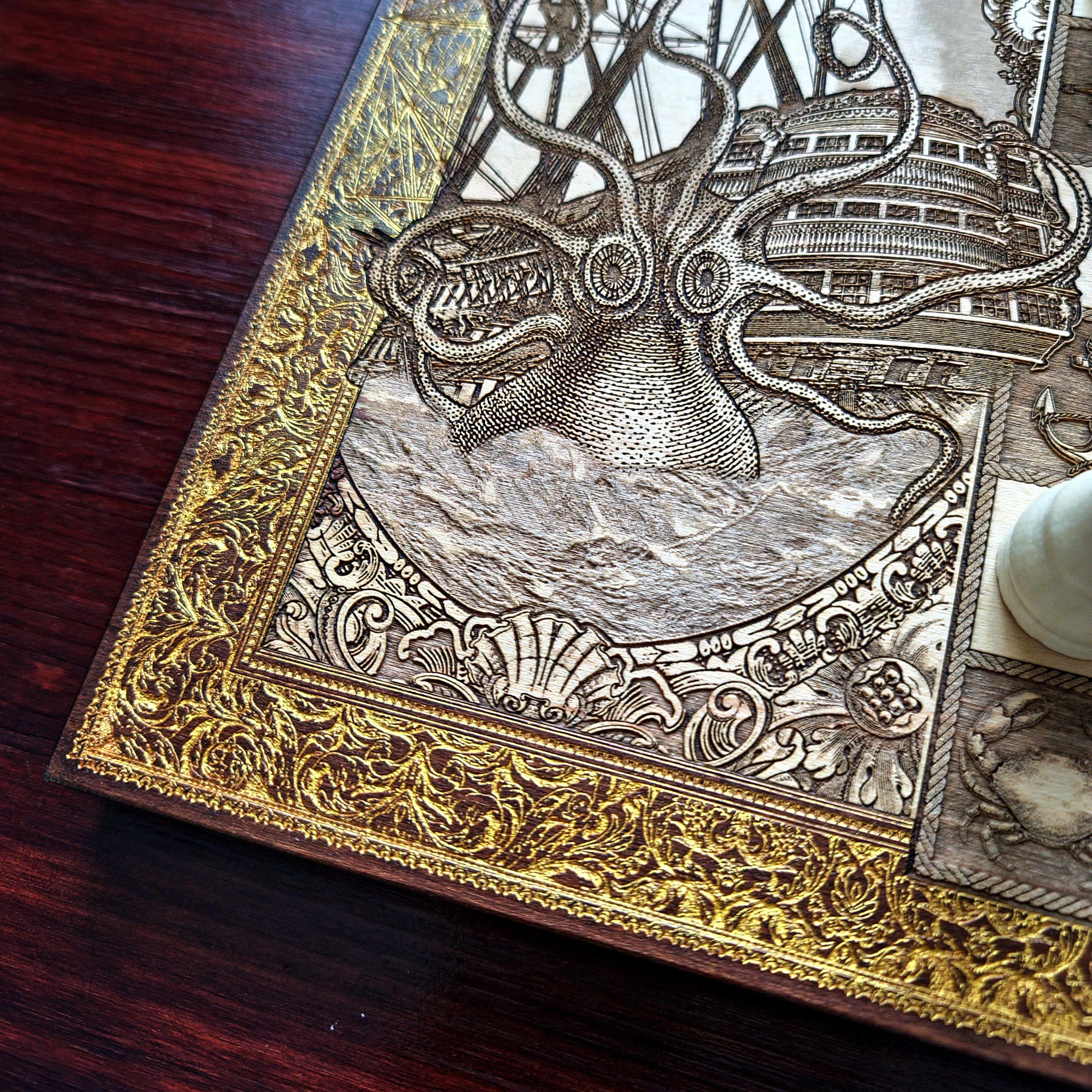 The Kraken vs Ship Chess Board Walnut Frame