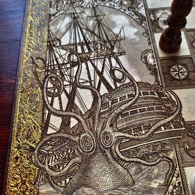 The Kraken vs Ship Chess Board Walnut Frame