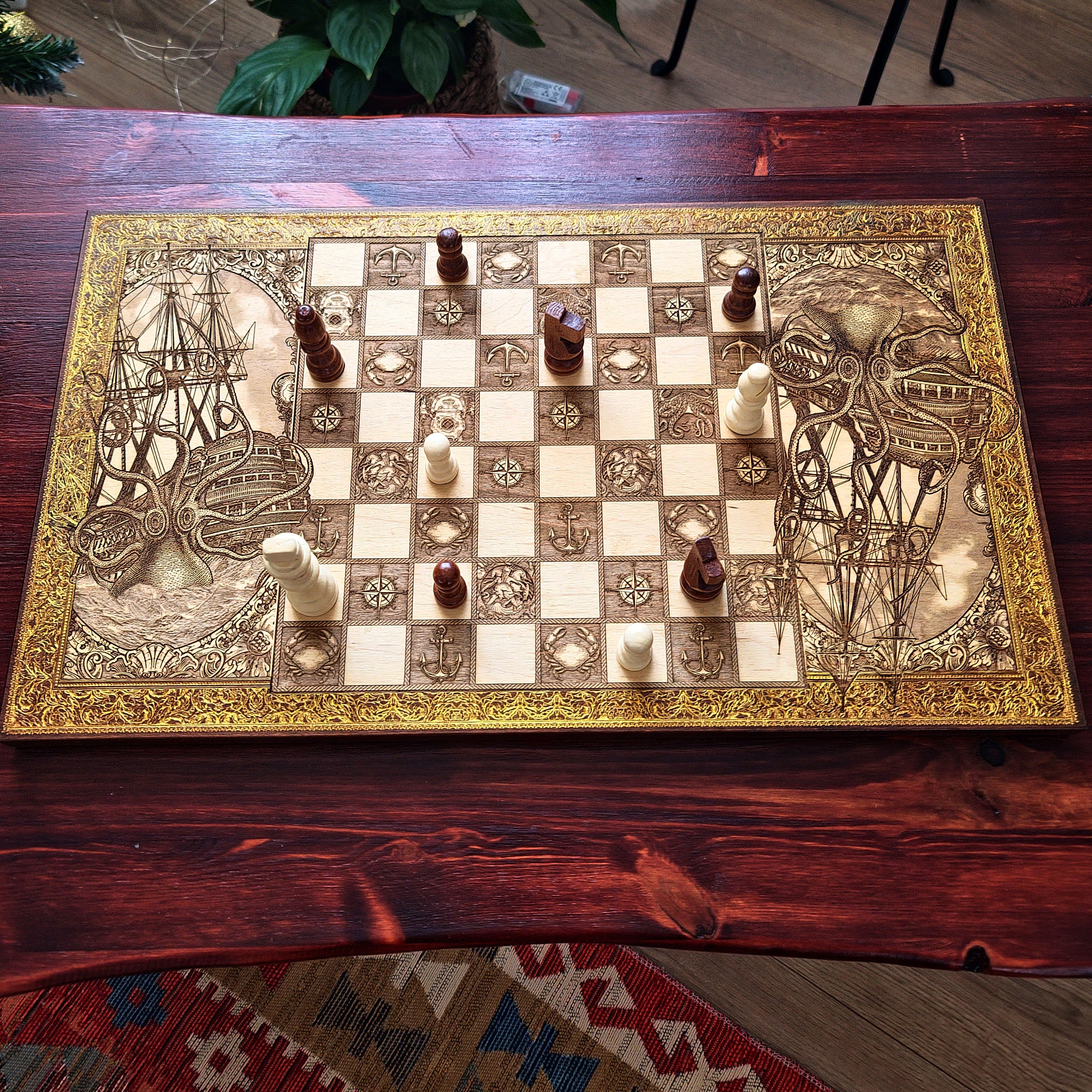 The Kraken vs Ship Chess Board Walnut Frame