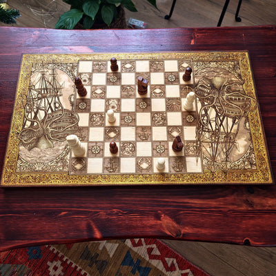 The Kraken vs Ship Chess Board Walnut Frame