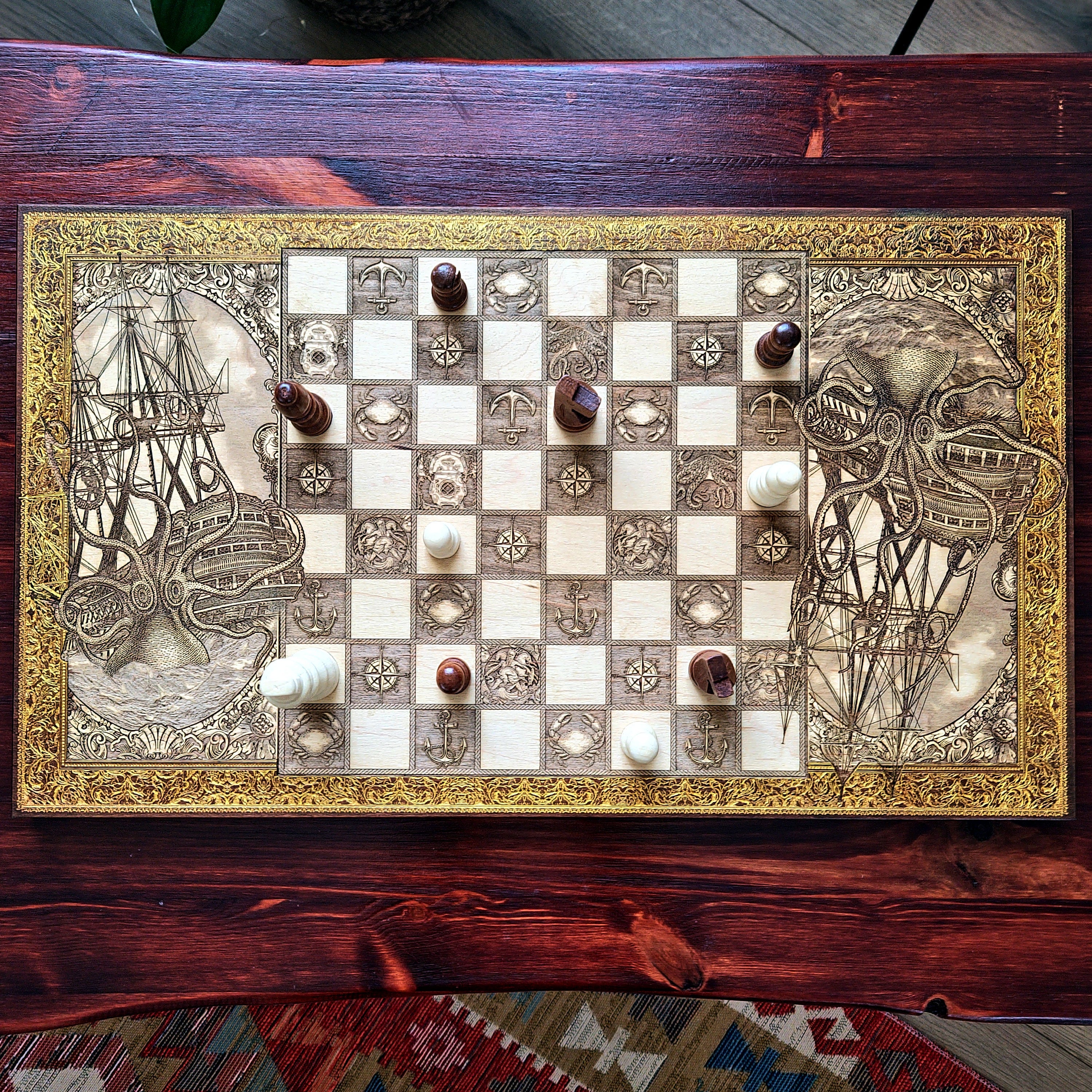 The Kraken vs Ship Chess Board Walnut Frame