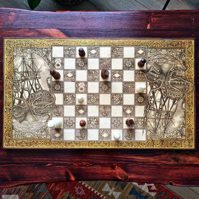 The Kraken vs Ship Chess Board Walnut Frame