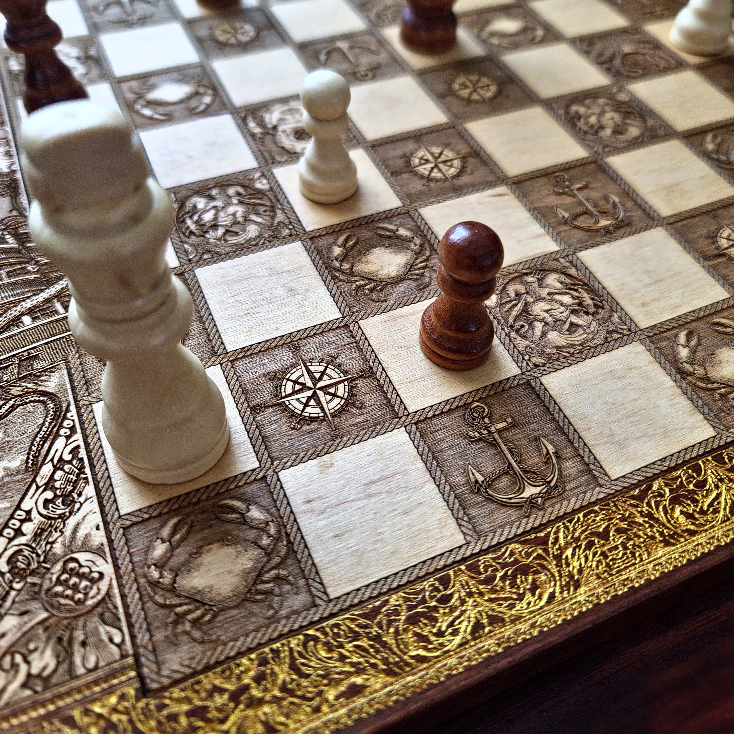 The Kraken vs Ship Chess Board Walnut Frame