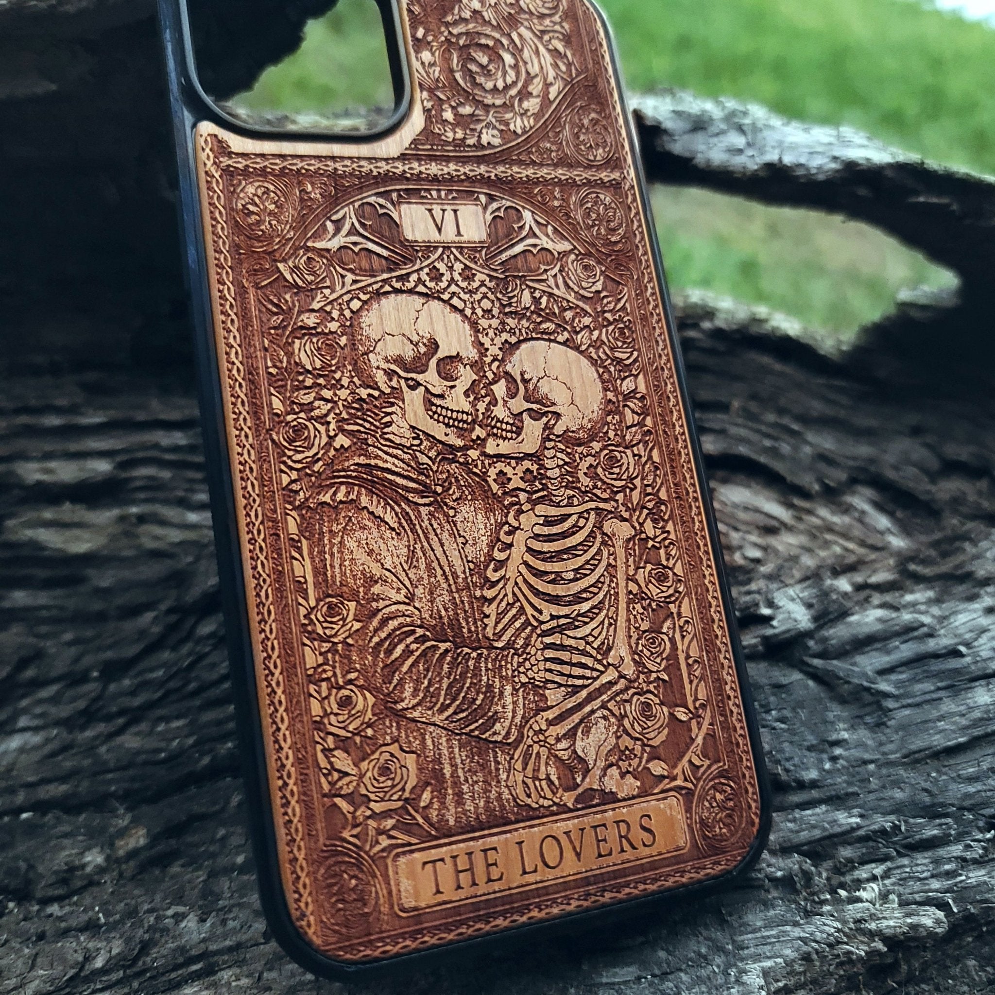 The Lovers Tarot Card wood phone case with skeleton couple design, mystical gothic art for iPhone –11 and Galaxy S–S20
