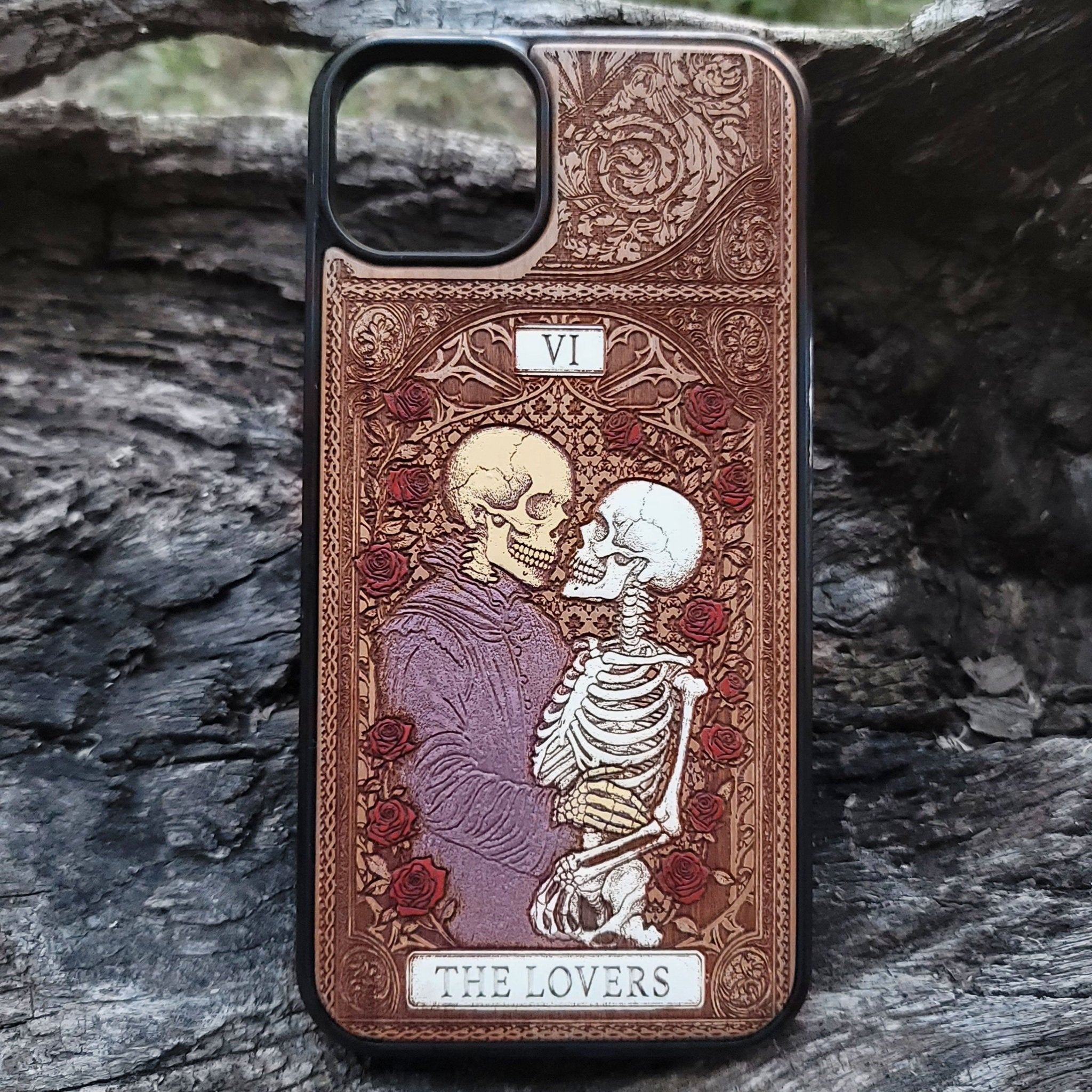 The Lovers tarot wood phone case – engraved & hand-painted for iPhone , Galaxy S – romantic mystical witchy design