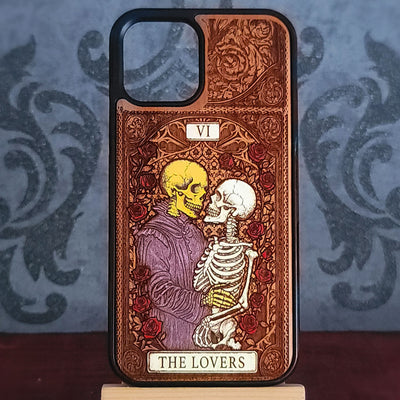 The Lovers tarot card wood phone case – laser engraved & hand-painted for iPhone and Galaxy – mystical romantic witchy design
