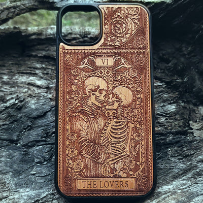 The Lovers Tarot Card wood phone case with skeleton couple design, mystical gothic art for iPhone –11 and Galaxy S–S20