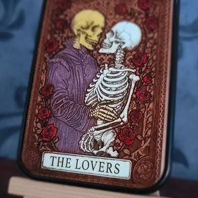 The Lovers tarot card wood phone case – laser engraved & hand-painted for iPhone and Galaxy – mystical romantic witchy design