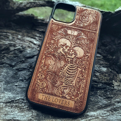 The Lovers Tarot Card wood phone case with skeleton couple design, mystical gothic art for iPhone –11 and Galaxy S–S20