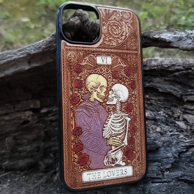 The Lovers tarot wood phone case – engraved & hand-painted for iPhone , Galaxy S – romantic mystical witchy design