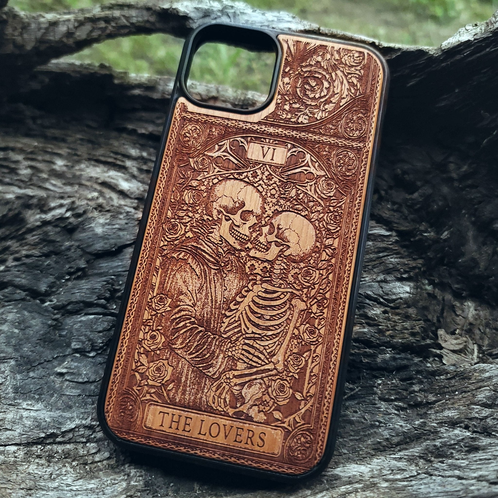 The Lovers Tarot Card wood phone case with skeleton couple design, mystical gothic art for iPhone –11 and Galaxy S–S20