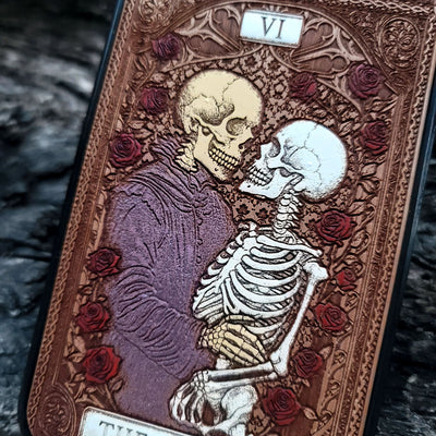 The Lovers tarot wood phone case – engraved & hand-painted for iPhone , Galaxy S – romantic mystical witchy design