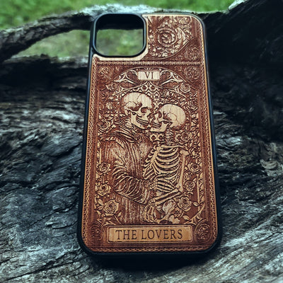 The Lovers Tarot Card wood phone case with skeleton couple design, mystical gothic art for iPhone –11 and Galaxy S–S20