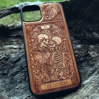The Lovers Tarot Card wood phone case with skeleton couple design, mystical gothic art for iPhone –11 and Galaxy S–S20
