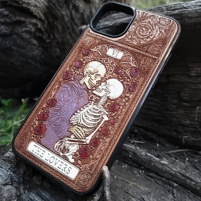 The Lovers tarot wood phone case – engraved & hand-painted for iPhone , Galaxy S – romantic mystical witchy design