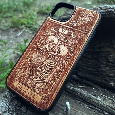 The Lovers Tarot Card wood phone case with skeleton couple design, mystical gothic art for iPhone –11 and Galaxy S–S20