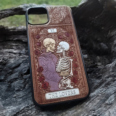 The Lovers tarot wood phone case – engraved & hand-painted for iPhone , Galaxy S – romantic mystical witchy design