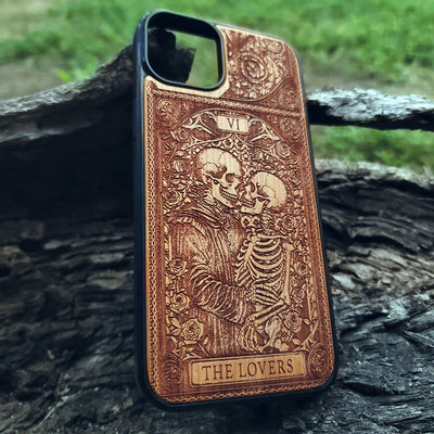 The Lovers Tarot Card wood phone case with skeleton couple design, mystical gothic art for iPhone –11 and Galaxy S–S20