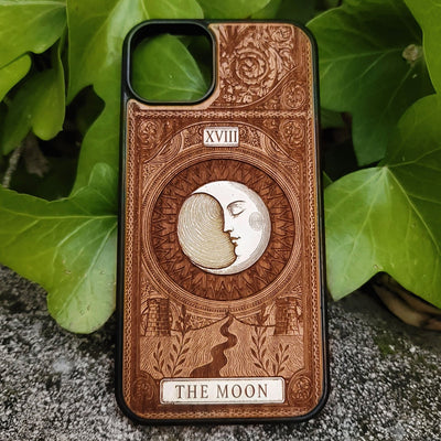 Handmade wooden phone case featuring The Moon tarot card design, laser engraved and hand-painted. Fits iPhone , 15, 14, 13, 12 Pro Max and Samsung Galaxy S, S24, S23, S22 Ultra and Plus models.