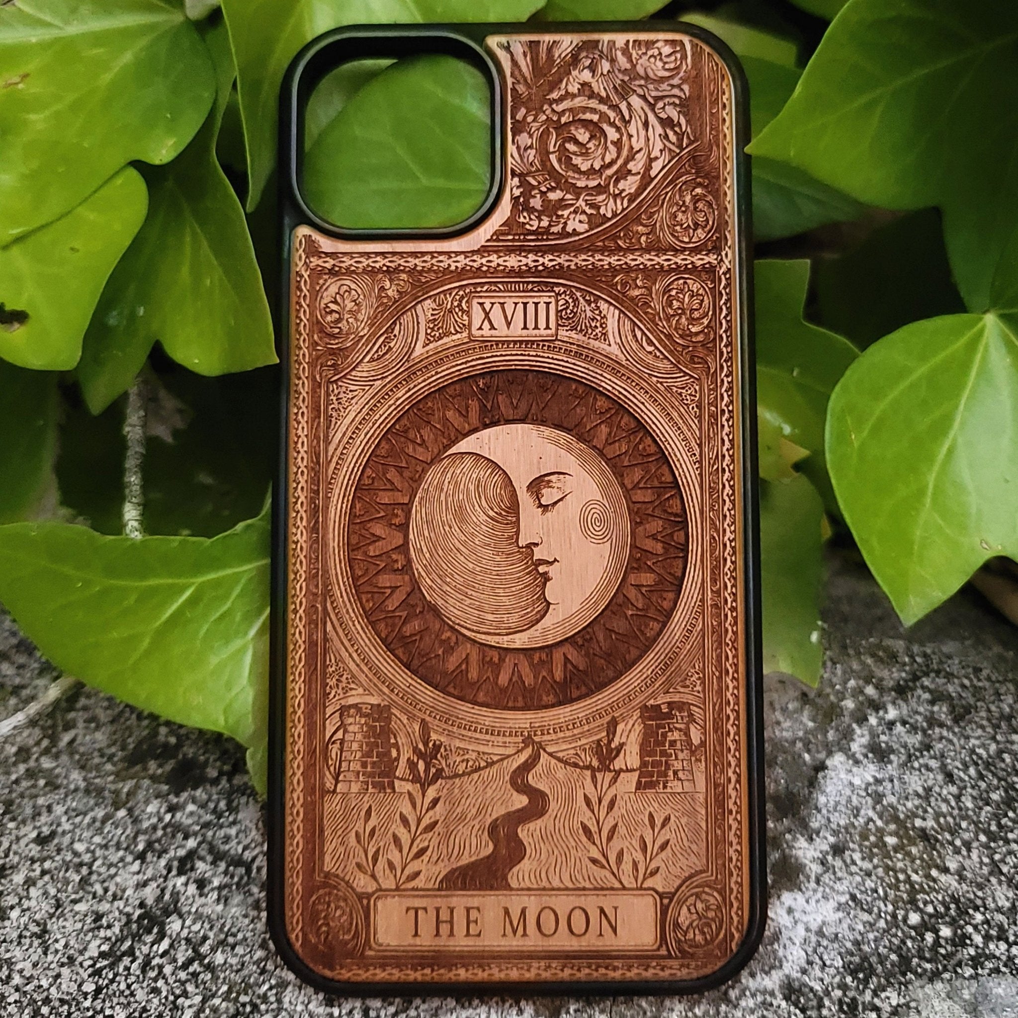 Handmade wooden phone case featuring The Moon tarot card design, laser engraved. Fits iPhone , 15, 14, 13, 12 Pro Max and Samsung Galaxy S, S24, S23, S22 Ultra and Plus models.